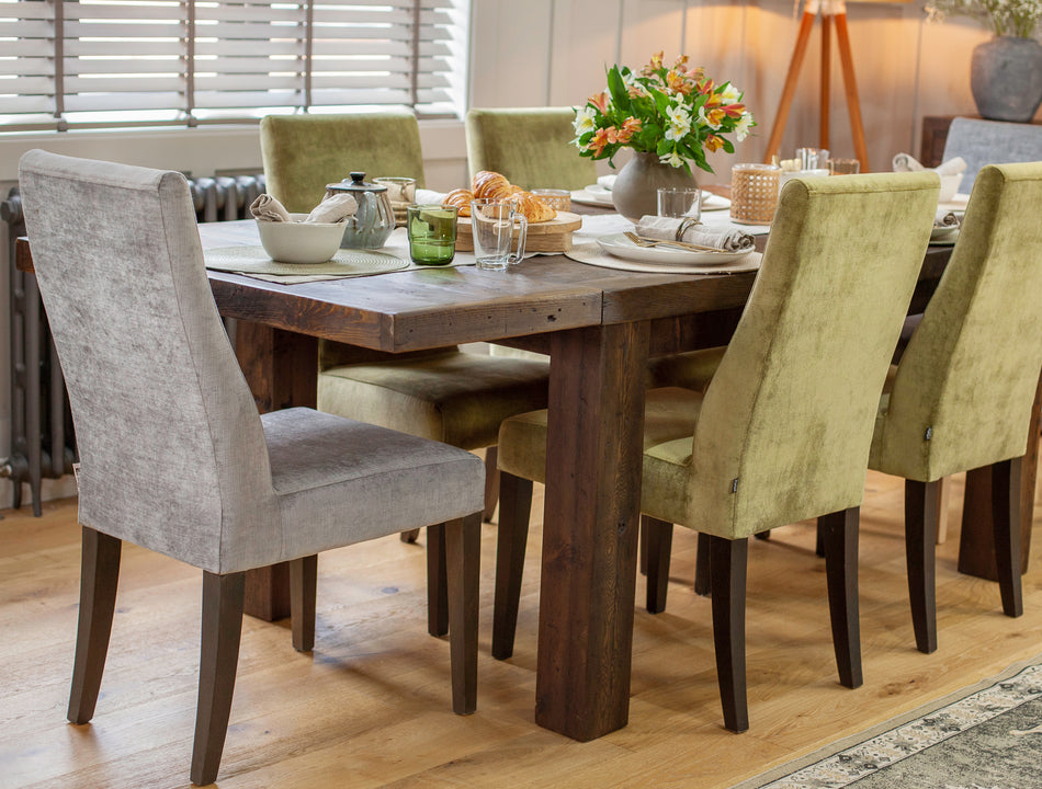 Wooden dining table and fabric chairs